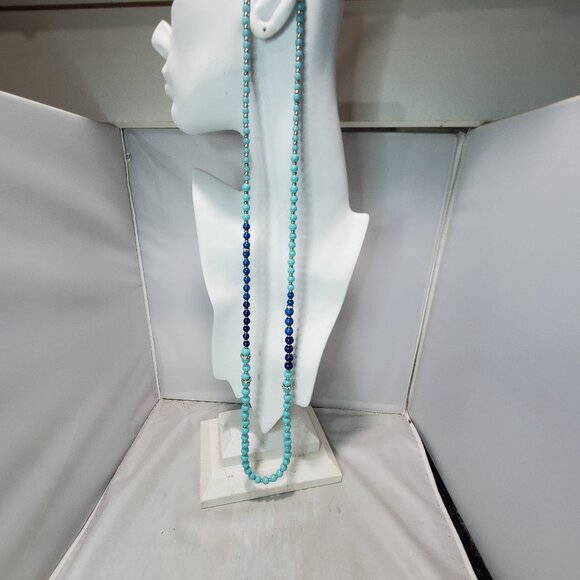 Ann Taylor Necklace, Multiple Shades Blue Beads W/Gold tone Crystal Rhinestone - Picture 12 of 13